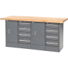 Global Industrial Workbench w/ Maple Square Edge Top, 8 Drawers & 2 Cabinets, 72"Wx24"D, Gray