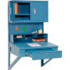 Global Industrial Wall Mount Shop Desk, Pigeonhole Riser, Pegboard & Cabinet 34-1/2x30x61 Blue