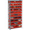 Global Industrial™ Steel Open Shelving - 21 Red Plastic Stacking Bins 8 Shelves - 36 x 18 x 73