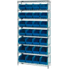 Rayonnage en fil de chrome industriel™ mondial avec 28 bacs bleus empilables, 36 « L x 12 » P x 74 « H, gris