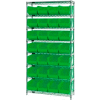 Rayonnage en fil de chrome industriel™ mondial avec 28 bacs verts empilables, 36 « L x 14 » P x 74 « H, gris
