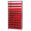 Global Industrial Chrome Wire Shelving with 55 4"H Plastic Shelf Bins Red, 36x24x74