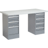 Global Industrial™ 96 x 30 Pedestal Workbench - 7 tiroirs, bord carré stratifié en plastique - Gris