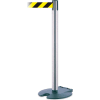 Rollabarrier® Retractable Belt Barrier, 38" Satin Chrome Post, 13' Black/Yellow Belt