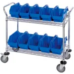 Chariots à étagères en fil métallique équipés de bacs à double compartiment Quickpick