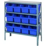 Rayonnages ouverts en acier « Quantum Storage Systems » avec bacs de rangement en plastique