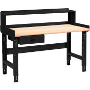 Global Industrial 48 x 36 Adj Height Workbench w/Drawer&Riser, Black- Maple Safety Edge Top
