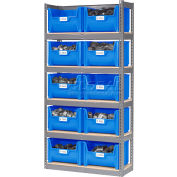 Global Industrial™ Steel Boltless Wood Deck Shelving - 10 Plastic Hopper Bins Blue, 42x15x84