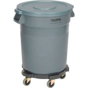 Global Industrial Plastic Trash Can with Lid & Dolly - 20 Gallon Gray