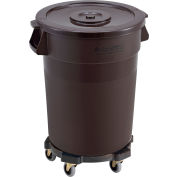 Poubelle en plastique industrielle™ mondiale avec couvercle et Dolly - 32 gallons brun