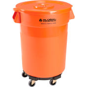 Global Industrial Plastic Trash Can with Lid & Dolly - 32 Gallon Bright Orange