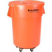 Global Industrial Plastic Trash Can with Lid & Dolly - 55 Gallon Bright Orange