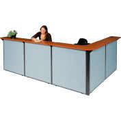 Interion® L-Shaped Reception Station, 116"W x 80"D x 44"H, Cherry Counter, Blue Panel