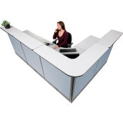Interion® L-Shaped Electric Reception Station, 116"W x 80"D x 46"H, Gray Counter, Blue Panel