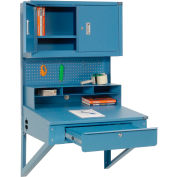 Global Industrial™ Wall Mount Shop Desk w / Pegboard &Cabinet, 34-1/2"W x 30"D, Bleu