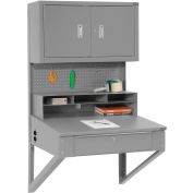 Global Industrial Wall Mount Shop Desk w/ Pegboard & Cabinet, 34-1/2"W x 30"D, Gray