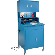 Global Industrial™ Mobile Cabinet Shop Desk w / Upper Cabinet, 34-1/2"W x 30"D, Bleu