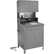 Global Industrial Cabinet Shop Desk w/ Pegboard & Upper Cabinet, 34-1/2"W x 30"D, Gray