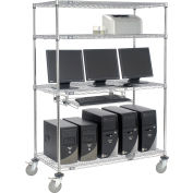 Poste de travail informatique LAN en fil métallique Nexel™, 4 tablettes, plateau à clavier, 48 po de largeur x 24 po de diamètre x 69 po de hauteur, chrome