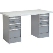 Global Industrial™ 60 x 24 Pedestal Workbench Double 3 Drawers, Laminate Square Edge Gray