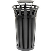 Global Industrial Outdoor Slatted Steel Trash Can With Rain Bonnet Lid, 24 Gallon, Black