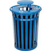 Global Industrial Outdoor Slatted Steel Recycling Can w/Rain Bonnet Lid, 36 Gallon, Blue