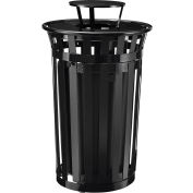 Global Industrial™ Outdoor Slatted Steel Trash Can W/Access Door & Rain Bonnet Lid,36 Gal,Black