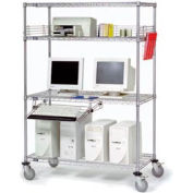 Poste de travail informatique LAN en fil métallique Nexel™, 4 tablettes, plateau à clavier, 36 po de largeur x 18 po de diamètre x 69 po de hauteur, chrome