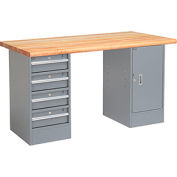 Global Industrial 60 x 30 Pedestal Workbench - 4 Drawers & Cabinet, Maple Safety Edge - Gray
