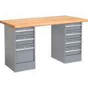Global Industrial 60 x 30 Pedestal Workbench - 7 Drawers, Maple Block Safety Edge - Gray