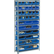 Global Industrial™ Steel Open Shelving with 36 Blue Plastic Stacking Bins 10 Shelves - 36x18x73