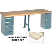 Global Industrial 144"W x 30"D Production Workbench - Maple, Cabinet, 3 Drawer, 1 Leg, Gray