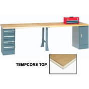 Global Industrial 144x30 Production Workbench Shop Square Edge, Cabinet, 4 Drawer, 1 Leg GY