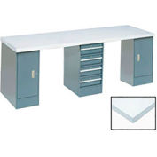 Global Industrial 144x30 Production Workbench Laminate Square Edge Top, 2 Cabinet, 4 Drawer GY