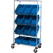 Global Industrial™ Easy Access Slant Shelf Chrome Wire Cart 12 3-1/2"H Grid Bins Blue 36x18x63