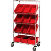 Global Industrial™ Easy Access Slant Shelf Chrome Wire Cart 12 8"H Grid Containers Red 36x18x63