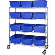 Quantum MWR4-2419-9 Mobile Chrome Wire Truck With 12 9-1/2"H Nesting Totes Blue, 60"L x 24"W x 69"H