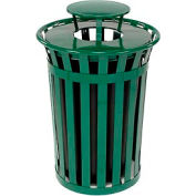 Global Industrial™ Outdoor Slatted Steel Trash Can With Rain Bonnet Lid, 36 Gallon, Green