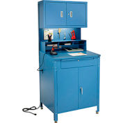 Global Industrial™ Cabinet Shop Desk w / Pegboard &Upper Cabinet, 34-1/2"W x 30"D, Bleu