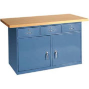 Global Industrial Cabinet Workbench W/ Drawers, Maple Square Edge, 72"W x 30"D, Blue