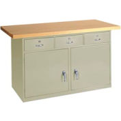 Global Industrial Cabinet Workbench W/ Drawers, Maple Square Edge, 72"W x 30"D, Tan