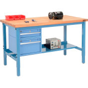 Global Industrial™ 72 x 36 Production Workbench - Maple Safety Edge - Tiroirs - Étagère - Bleu