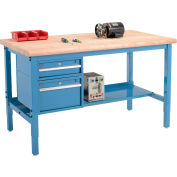 Global Industrial 60 x 36 Production Workbench - Maple Safety Edge - Drawers & Shelf - Blue