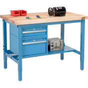 Global Industrial™ 96 x 36 Production Workbench - Maple Square Edge - Tiroirs - Étagère - Bleu