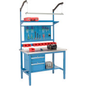 Global Industrial 48x30 Production Workbench - Stainless Steel Square Edge Complete Bench Blue