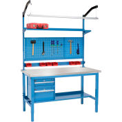 Global Industrial 60x30 Production Workbench - Stainless Steel Square Edge Complete Bench Blue