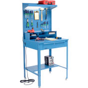 Global Industrial™ Bureau de magasin à surface plate avec Pegboard &Top Shelf, 34-1/2"W x 30"D, Bleu