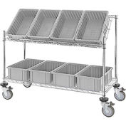 Global Industrial Easy Access Slant Shelf Chrome Wire Cart, 8 Gray Grid Containers 48Lx18Wx48H