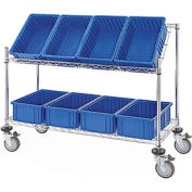 Global Industrial™ Easy Access Slant Shelf Chrome Wire Cart, 8 Blue Grid Containers 48Lx18Wx48H