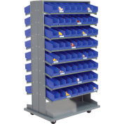 Global Industrial™ 16 Shelf Double-Sided Mobile Pick Rack - 128 Blue Plastic Shelf Bins 4" Wide